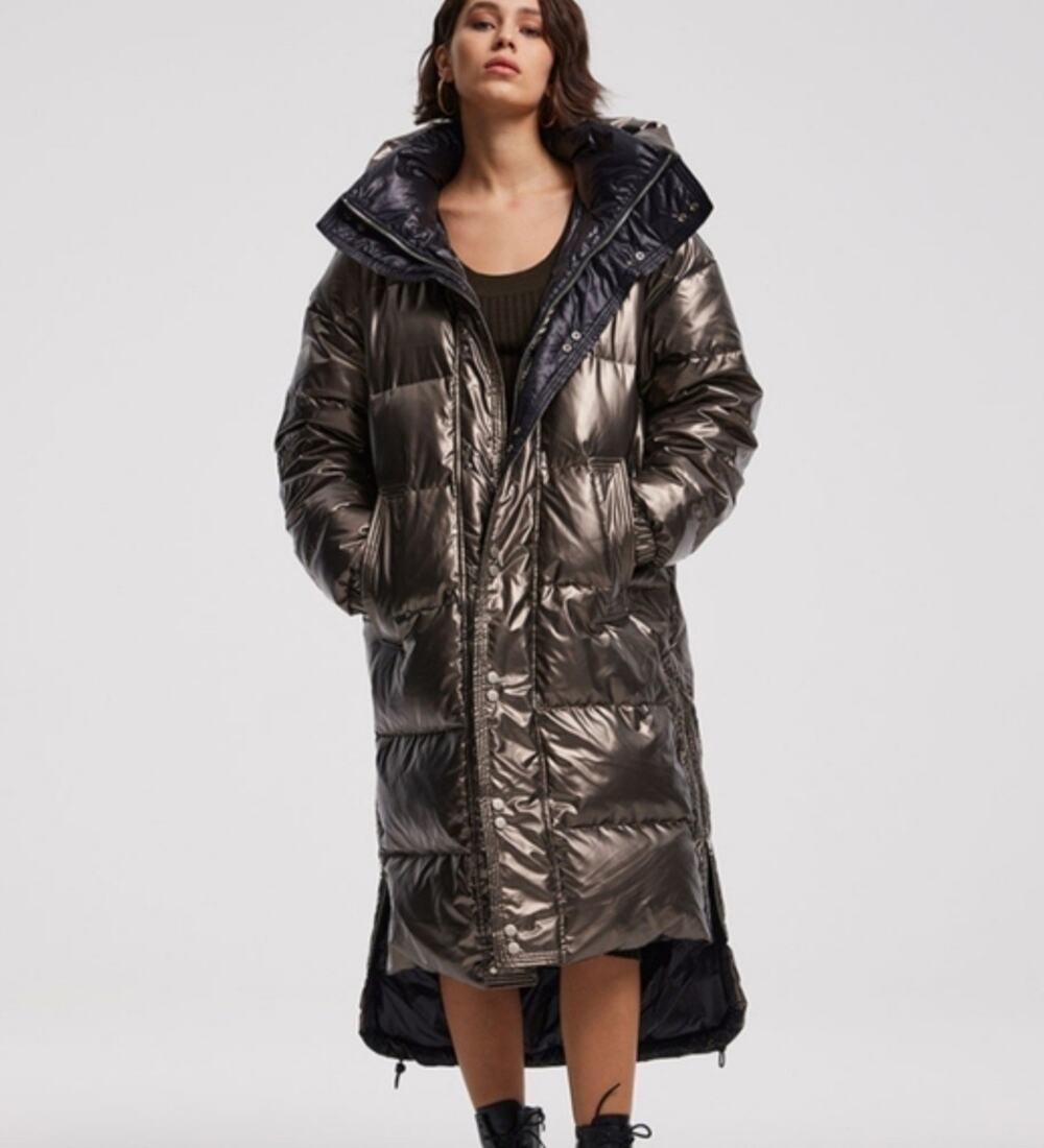 Lattelier Shiny Hooded Metallic 90% Down 10% Feather Puffer Long Coat Coffee S